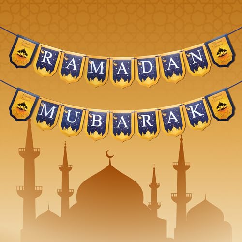 Yummuely Ramadan Mubarak Banner, Ramadan Banner, Muslim Islamic Gift for Ramadan and EID Celebration, Festival Hanging Decorations for Home, Mantle, Fireplace, Wall, Party Supplies (Gold and Blue)