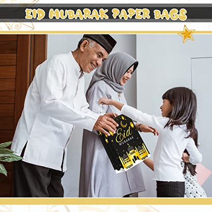 Censen 16 Sets Eid Mubarak Gift Bags with Tissue Paper, Ramadan Goodies Bags for Ramadan Party Supplies Favor (Black) - color: Black
