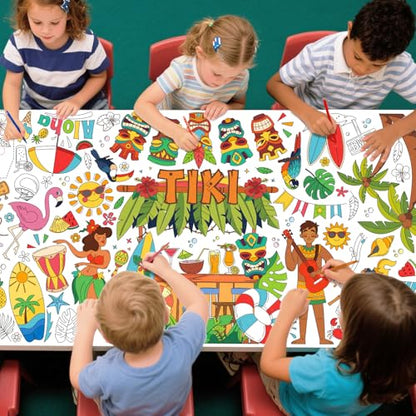 Gatherfun Hawaiian Luau Party 자이언트 컬러링 식탁보, 80.9 x 182.9cm(31.5 x 72인치), 하와이안 파티 장식, 티키 파티 장식, 학교 파티용 컬러링 테이블 커버 - style: TIKI