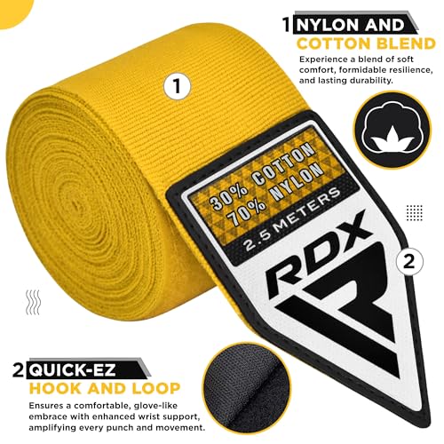 RDX Boxing Wraps Kids 2.5M Inner Gloves, Elasticated Thumb Loop Bandages, Junior Under Mitts Hand Fist Protector Wrist Support Straps, Muay Thai MMA Kickboxing Martial Arts Speed Bag Punching Training - color: YELLOW