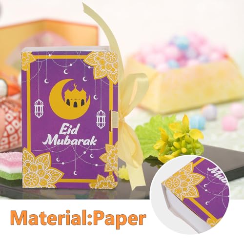 Cabilock Eid Festival Candy Packaging Boxes 20pcs Purple Book Shaped Paper Boxes Ramadan Party Favor Candy Holders for Ramadan Eid Mubarak Treats