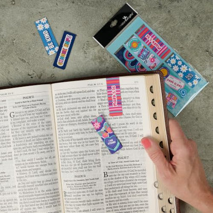 Christian Art Gifts Magnetic Inspirational Scripture Bookmark Set - color: Pink & Teal Multicolor Stickered Floral