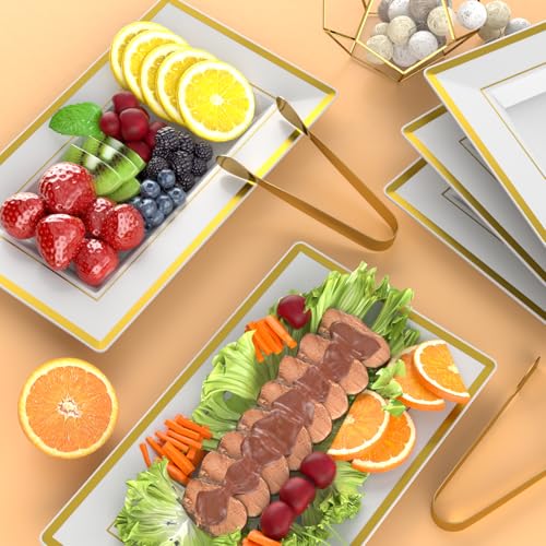 서빙 집게가 있는 플라스틱 서빙 트레이 6세트, 화이트 & 골드 테두리 일회용 플라스틱 서빙 플래터, 음식, 과일, 디저트, 티 파티, 결혼식용