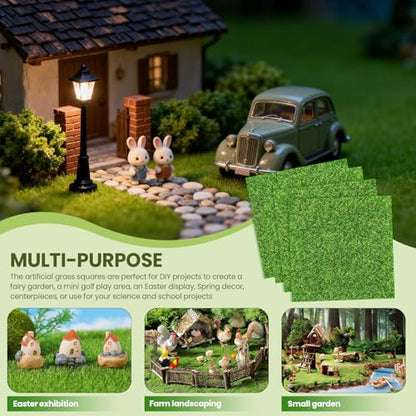 4 Packs 6x6 Inch Cuttable Artificial Grass Squares, Realistic Fake Grass Mats, Mini Craft Turf Tiles for Fairy Garden Accessories, Dollhouse Decor, DIY Craft and Diorama Supplies