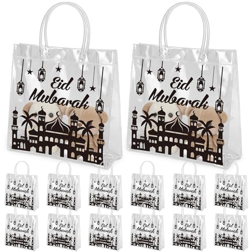 Cinrobiye 24 Pack Ramadan Mubarak Reusable Gift Bags Eid Treat Bags for Kids Classroom Party Favors Non Woven Tote Bags for Candy Eid al Adha Decorations - color: Black and white
