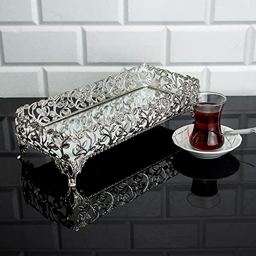 Metal Filigree Mirrored Tray for Gift, Handmade Fancy Perfume Trays for Dresser, Rectangle Mirror Vanity Trays for Dressing Table (Small, Silver)