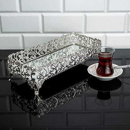 Metal Filigree Mirrored Tray for Gift, Handmade Fancy Perfume Trays for Dresser, Rectangle Mirror Vanity Trays for Dressing Table (Small, Silver)