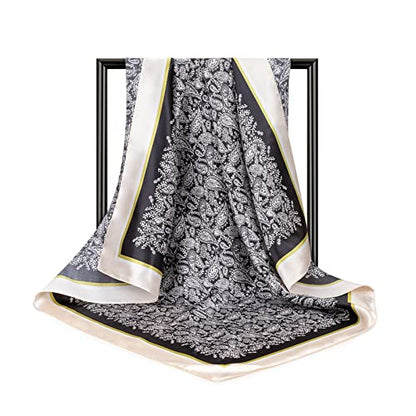 DRESHOW 35” Large Square Satin Head Scarf - 4Pcs Silk Accessories Classic Patterned Squares Beach Bandanas for Women - color: 4 Pcs: Black, Camel, Light Pink, Light Green