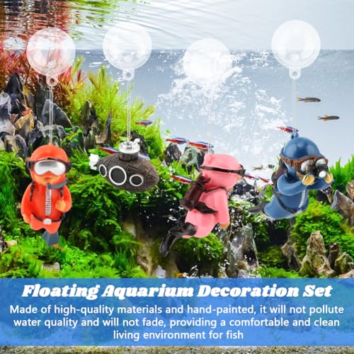 4pcs Floating Fish Tank Decoration - Floating Little Diver & Retro Submarin | Cute Underwater Dver Ornament,Aquarium Decoration Ornaments,Playmate for Tank Suitable for All Kinds of Fish and Tanks