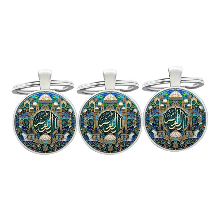 3PCS Islamic Keychain Set, Arabic Calligraphy Mosque Dome Keyring, Muslim Spiritual Gift, Islamic Art Pendant for Men Women, Ramadan Eid Mubarak Car Bag Keys Accessories