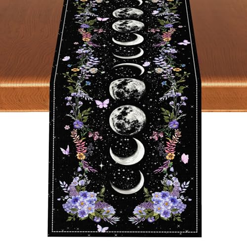 Boho Floral Moon Table Runner, Seasonal Wildflower Mystical Moon Phase Stars Purple Butterfly Witchy Gothic Holiday Kitchen Dining Table Runner for Kitchen Living Room Home Party Decor 13x36 inches - color: Tr-moon05, size: 13x36" Table Runner