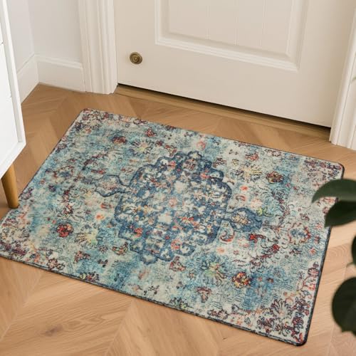 Lahome Reine Bohemian Floral Medallion Area Rug - 2x3 Vintage Teal Distressed Small Entryway Rug Turkish Doormat Faux Wool Non-Slip Washable Low-Pile Carpet for Bathroom Kitchen Laundry Room Decor - color: Vintage Teal/Multi, size: 2' x 3' (Rectangular)