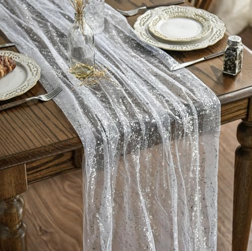 Artoid Mode White Silver Gauze Table Runner 120 Inch 10FT, Glitter Metallic Foil Sheer Dining Holiday Wedding Anniversary Birthday Table Decor for Home Party - color: White Silver, size: 28" x 120"