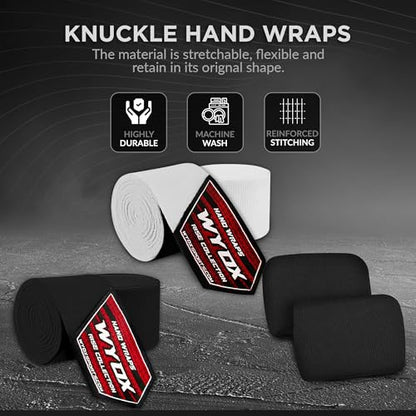 WYOX Boxing Hand Wraps & Gel Knuckle Guards Set for MMA, Muay Thai & Kickboxing - 2 Pair Hand Wraps + 1 Pair Knuckle Guards - Hand Wrist Protection for Men & Women Training - color: White/Black