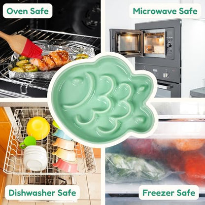 Ceramic Cat Slow Feeder Bowl, Fish Shape 6.3" W Wide Shallow Cat Plate, Whisker Friendly Slow Feed Bowl for Wet Meals, Dry Kibble, Canned Meals & Treats, Dishwasher Safe, Green & Pink - color: Green + Pink