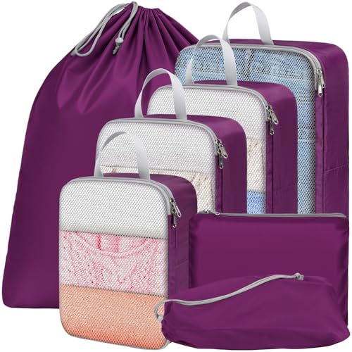 Cambond Compression Packing Cubes for Travel - Luggage Suitcase Organizer - color: 11 Purple, size: 7-Piece Set