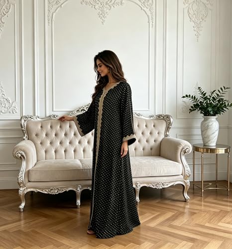 Women Muslim Abaya Dress V Neck Embroidered Kaftan Long Sleeve Loose Islamic Maxi Prayer Robe for Ramadan Eid - color: Black, size: Small