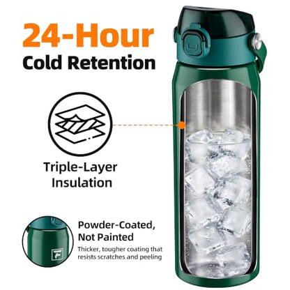 Fanhaw 24 oz Insulated Stainless Steel Water Bottle with 2-in-1 Straw& Chug Lid, Leakproof Wide Mouth Vacuum Bottle for School, Sports, Kids, Teens& Adults, Back to School Essentials (Mars Green) - color: Mars Green