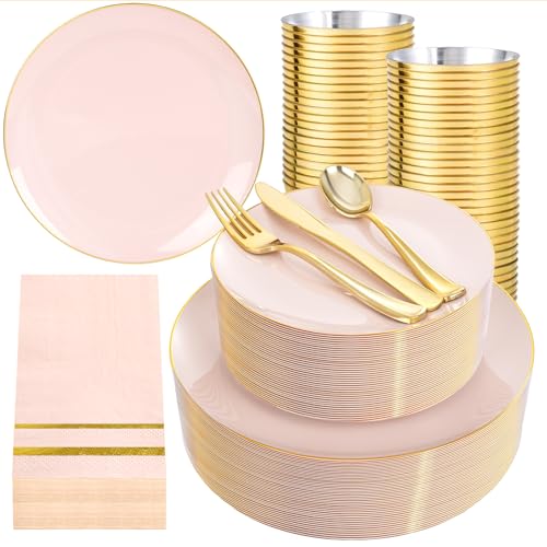 NOCCUR 350PCS Pink Plates Disposable - Pink Gold Plastic Dinnerware Set for 50 Guests Include 100 Dinner/Dessert Plates,150 Cutlery,50 Cups&50 Napkins - Ideal for Party/Wedding/Mother's Day - color: Pink Gold