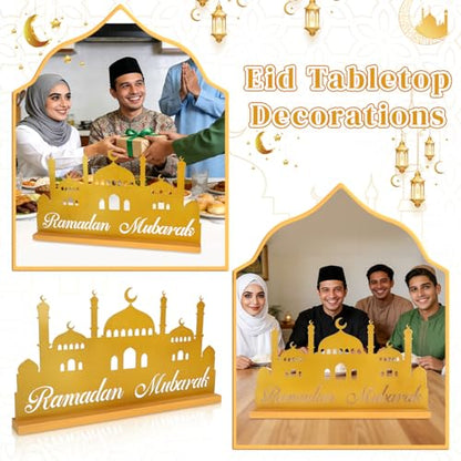 Ramadan Decorations for Home Eid Metal Table Sign Ramadan Mubarak Centerpiece for Tables Muslim Golden Palace Tabletop for Islamic Mosque Party Gift Tiered Tray Office Desk Shelf Indoor Hollow Letters