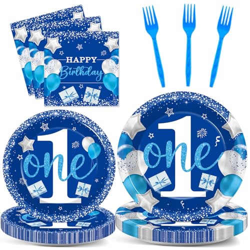 Wiooffen 96 Pcs 1st Birthday Plates and Napkins Boy Birthday Party Supplies One Year Old Party Decoration Blue Disposable Tableware Set for Baby Shower Serves 24 - style: Boy 1st Birthday Party