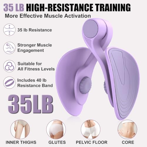 Pelvic Floor Exercise Device with 35 lb Resistance, Kegel and Inner Thigh Muscle Trainer, Home Workout Equipment for Postpartum Recovery, Women & Men, with Band - color: Purple
