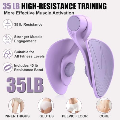 Pelvic Floor Exercise Device with 35 lb Resistance, Kegel and Inner Thigh Muscle Trainer, Home Workout Equipment for Postpartum Recovery, Women & Men, with Band - color: Purple