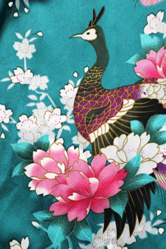 BABEYOND Women's Kimono Robe Long Satin Robes with Peacock and Blossoms Printed Kimono Nightgown - color: Dark Green, size: One Size