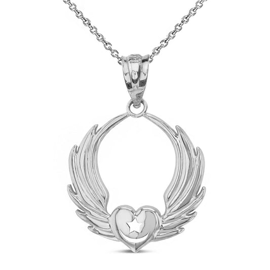 Claddagh Gold Winged Heart with Star & Crescent Islam Sufi Order Pendant Necklace Fine Real Solid 925 Sterling Silver - style: Pendant + 20" Chain