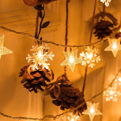 New Year Stars and Snowflakes Hanging String Lights, 20 LED Durable Warm Yellow Fairy Lights,Winter Birthday Mubarak Ramadan Kareem Patio Wedding Party Window Wall Indoor Outdoor Xmas Tree Decorations