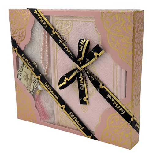 Modefa Luxury Eid Saeed Gift Box Set, Prayer Mat, Quran and Prayer Beads, with Black and Gold Ribbon (Pink) - color: Pink