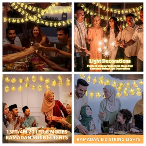 Ramadan Decorations for Home Ramadan Lights 13FT 20LED USB or Battery Operated 8 Modes Timer Iron Star Moon Fairy Twinkle Lights Eid Mubarak Decor Warm White (Metal R20)