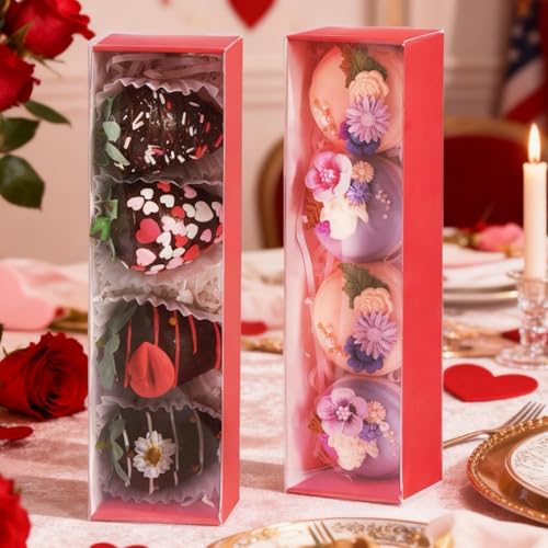TEMLQPACK 25Pack Red Chocolate Covered Strawberry Box for 4, Macaron boxes, Long Treat Box for Truffles, Cookies, Ores, Chocolate Cocoa Bombs&Cake Ball Bakery Packaging Supplies - color: Red