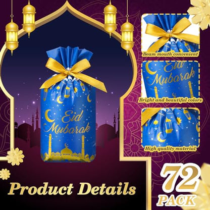72 Pcs Eid Mubarak Gift Bags Plastic Treat Bags Drawstring Bags Eid Candy Goodie Bags Castle Moon Star Snack Wrap Bags for Eid Party Decorations Favors, 9.05 x 5.91 x 2 Inches