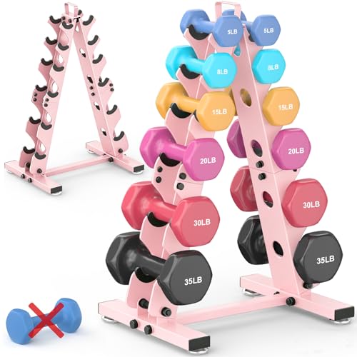 TomCare 6-Tier|5-Tier|4-Tier|2-Tier Dumbbell Rack Stand Only for Home Gym | Stable A-Frame, Fits 5–35 lb Dumbbells, Protective Padded Cradles, Adjustable Feet, Easy-Carry Handle (Stand Only) - color: Pink, size: 6 Tier