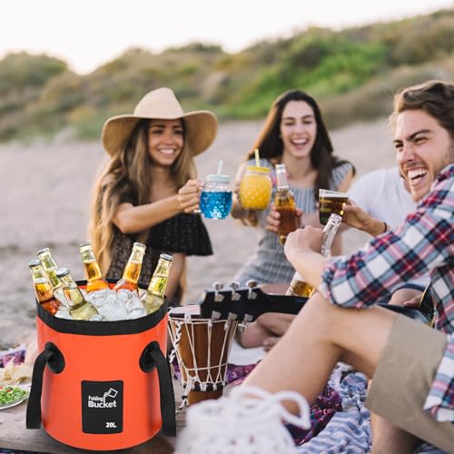 3 Pcs 20L (5-Gallon) Collapsible Bucket Set – Portable Foldable Water Container with Handle for Camping, Hiking, Fishing, Car Washing (Black, Orange, Blue)