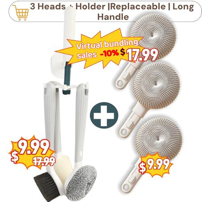 Dish Brush Set of 4 with Holder.Interchangeable Heads Kitchen Scrub Brush,Dishwashing Brush Set with Extended Handle,for Cleaning Pots,Pans,Bottles,Cups,Sinks,scrubbers for Dishes.Green