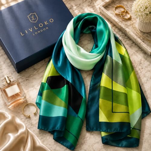 LONDON Women’s Satin Silky Scarf Gift Box Large Lightweight Silky Smooth Shawl Wrap for Hair, Head, Neck or Hijab - color: Green - Box