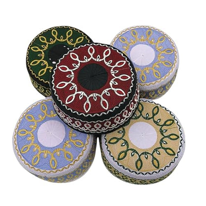 RUIXIA Men Boys Muslim Prayer Kufi Hat Skull Cap Embroidery Islam Kufi Headware takke Praying Beanie Hat Kofia Topi Hat - color: Green/Yellow--kids 7-10yrs