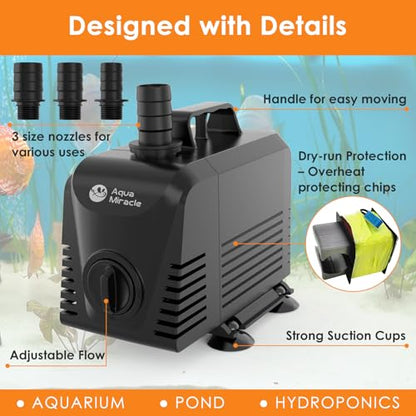 AquaMiracle Submersible Water Pump Aquarium Water Pump with Flow Control, Pond Pump Fountain Pump for Pond, Fountain, Waterfall, Statuary, Water feature, Hydroponics (800GPH, 55W) - size: 800GPH, 55W