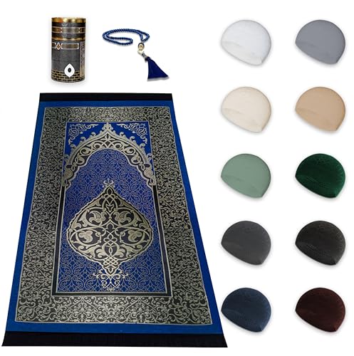10 Pieces Kufi Hats for Men and Muslim Prayer Rug Islam and Beads, Kaabe Design
