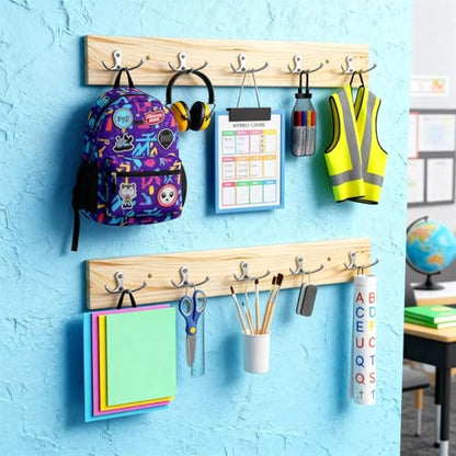 2 Pcs Classroom Wall Mount Coat Rack 16 Inch Wooden Backpack Hanger Rail with 5 Double Coat Hooks Back to School Organizer for Dorm Apartment Hanging Backpack Hats Clothes School (Wood Color)
