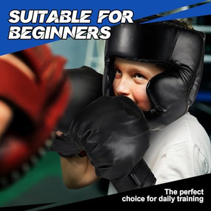 Kanayu 12 Pcs Kids Boxing Equipment Set for Beginners Ages 6-18 Years Including Boxing Helmet and Gloves Hand Wraps Sport Mouthguards Taekwondo Sparring Gear for Kids and Children - color: Blue, Black