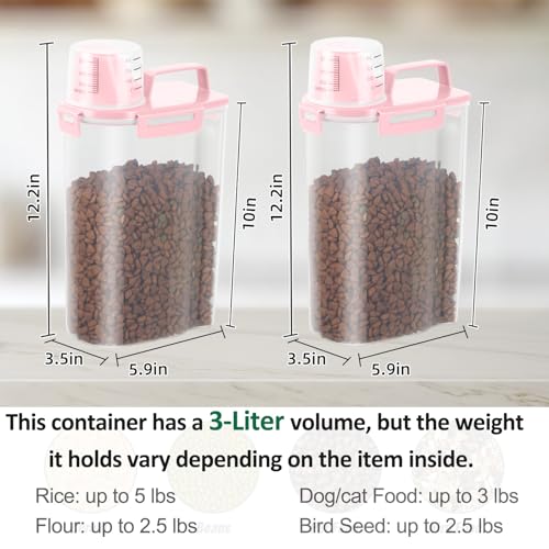 2 Pack 3 Lbs Pet Dog Cat Food Bird Seed Storage Containers for Travel -Pink | Airtight 5 Lbs Rice Dispenser Flour Container Keep Fresh Portable Cereal Oatmeal Holder Large Pour Spout Measuring Cup Handle - color: Pink-3L 2Pack