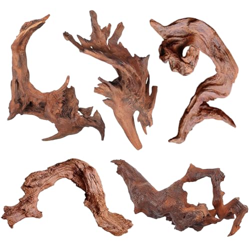 Natural Driftwood for Aquarium Decor, 5 Pack Assorted Sizes 4-8", Real Sinking Wood for Fish Tank, Reptile Terrarium, Mopani Style Branches for Moss, Plants & Shrimp Habitat - size: Mopani Driftwood 4-8" (Pack of 5)