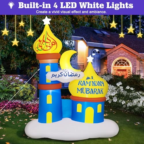 Lewondr 6.04FT Outdoor Inflatable Moon Decorations, Waterproof Inflatable Eid Mubarak Decor, Blow Up Muslim Holy Ramadan Celebration Decor with LED Lights, Outdoor Muslim Holidays Inflatables for Yard - style: Moon and Mosque