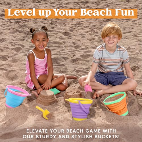 JOYIN 3 Packs Foldable Pail Bucket with Shovels & Mesh Bag, Collapsible Buckets Multi Purpose for Beach, Camping Gear, Beach Party, Fishing, and Fun Summer Activities (Orange/Blue/Purple) - color: Orange/Blue/Purple