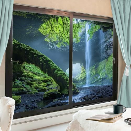 Beautiful Waterfall Privacy Window Film, Modern Green Tree River Landscape Decorative Frosted Self Adhesive Stained Glass Window Film for Bathroom & Room 17.7Wx23.6L-inch x2 Pcs - color: Style-1, size: 17.7Wx23.6L-inch x2 Pcs