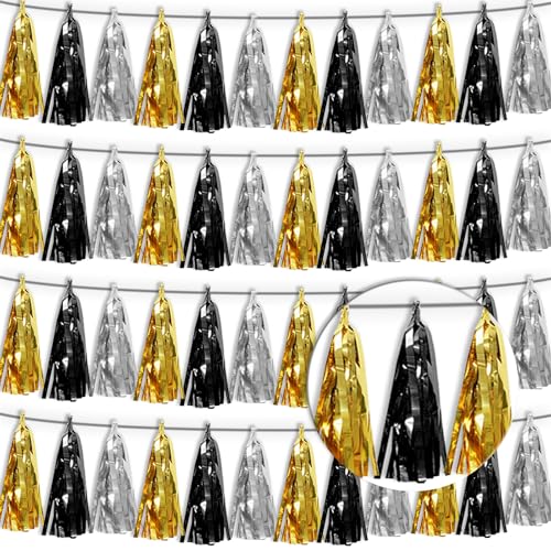 4P Black Gold Silver Tassel Banner Garland Metallic Foil Fringe Banner Tinsel Tassels Streamer Banner Backdrop for Parade Floats, 2025 Graduation Decorations, New Years Decorations,Father' Day - color: Black Gold Silver