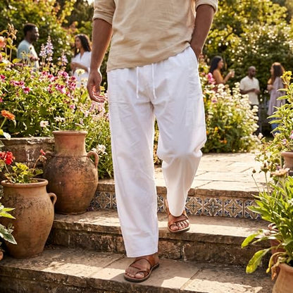 HEEPDD Men Muslim Loose Elastic Band Afghan Trousers, Polyester Cotton Pants with Stripe Decor, White, XXL - size: 48 Long